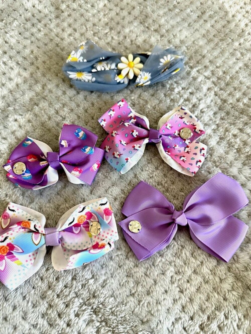 Girls Hair Bow Lot 5 Purple Pink Floral Cupcake Unicorn Grosgrain Bows 0530